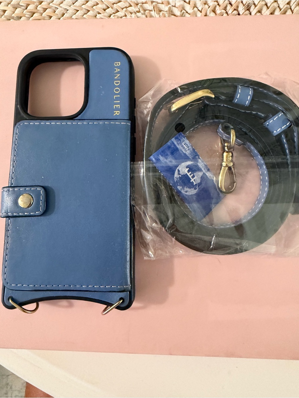 Bandolier Blue Leather Crossbody Phone Case with Gold Hardware